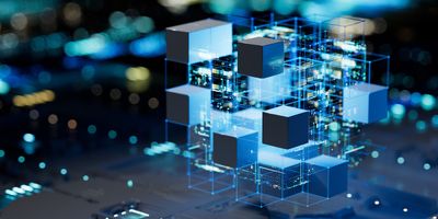 Illustration of digital data blocks stacked together in a network to represent artificial intelligence and data analysis.