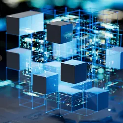 Illustration of digital data blocks stacked together in a network to represent artificial intelligence and data analysis.