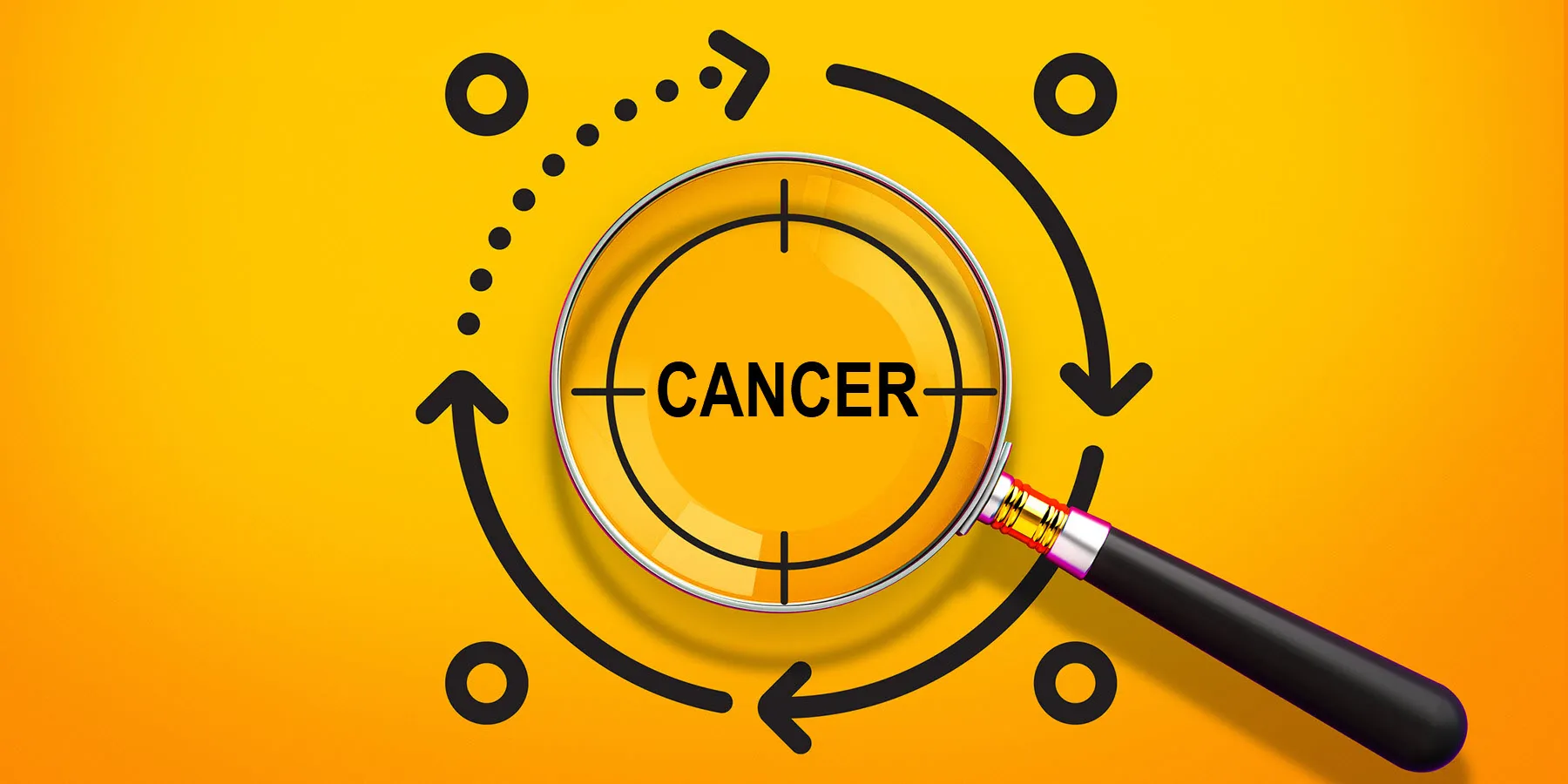 Illustration of a magnifying glass with the word “cancer” in the middle against a gold background.