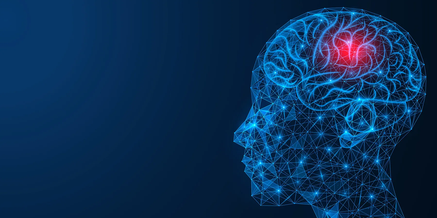 Illustration of a human head with a red dot in the middle of the brain.