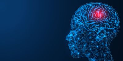 Illustration of a human head with a red dot in the middle of the brain.