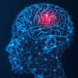 Illustration of a human head with a red dot in the middle of the brain.
