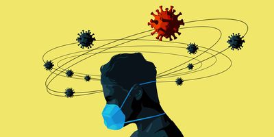 Illustration of a person with a bowed head wearing an N95-type respiratory mask with virus particles, representing norovirus, flu, RSV, and SARS-CoV-2, orbiting around their head against a yellow background.