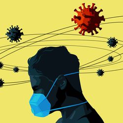 Illustration of a person with a bowed head wearing an N95-type respiratory mask with virus particles, representing norovirus, flu, RSV, and SARS-CoV-2, orbiting around their head against a yellow background.