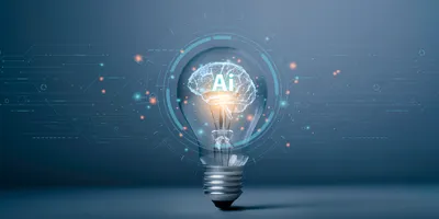 Illustration of a lightbulb with the letters 'Ai' floating in the middle to represent the 'lab of the future' concept of laboratories using artificial intelligence.