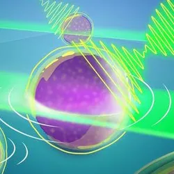 An artist's representation of the new Brillouin microscopy approach that allows entire light-sheets to interact with 3D biological samples. The scattered light reveals a unique optical interference signal that can be recorded with a custom-developed spectrometer, tremendously speeding up image acquisition.