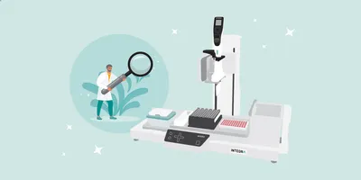 Scientist with a magnifying glass looking at an automated pipetting robot