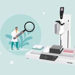 Scientist with a magnifying glass looking at an automated pipetting robot