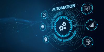 Illustration of a circle with gears and the word ‘automation’ in the center to represent the different components and concepts of lab automation and biobanking automation.