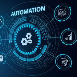 Illustration of a circle with gears and the word ‘automation’ in the center to represent the different components and concepts of lab automation and biobanking automation.