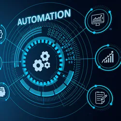 Illustration of a circle with gears and the word ‘automation’ in the center to represent the different components and concepts of lab automation and biobanking automation.