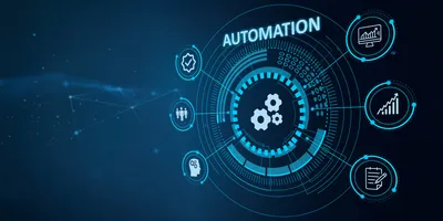  Illustration of a circle with gears and the word ‘automation’ in the center to represent the different components and concepts of lab automation and biobanking automation.