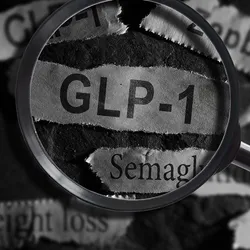 Photo of someone holding a magnifying glass over the word “GLP-1” against a black background.