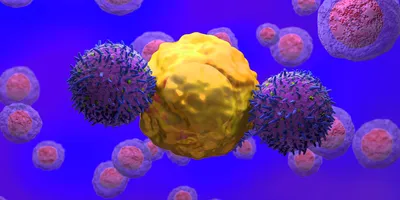 Illustration of two CAR T-cells attacking a cancer cell.