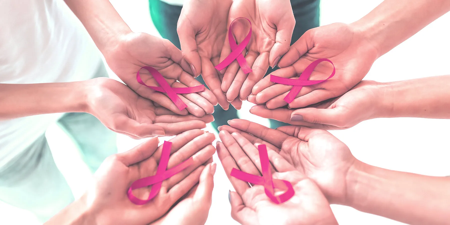 Photo of a circle of human hands holding pink breast cancer awareness ribbons in their palms.