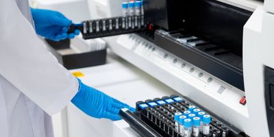 Automated clinical analyzer processes blood samples in a controlled lab environment, highlighting the need for proper containment in high-volume testing