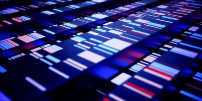 Digital representation of next-generation sequencing (NGS) data, showcasing colorful DNA sequencing reads and genomic analysis