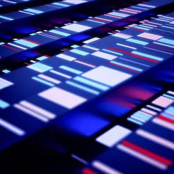 Digital representation of next-generation sequencing (NGS) data, showcasing colorful DNA sequencing reads and genomic analysis