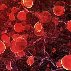 Illustration of red blood cells traveling inside of an artery in the bloodstream, where DNA associated with Chagas disease parasite can be detected.