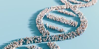Illustration of thousands of people gathered in the shape of a DNA double helix against a blue background.