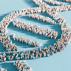 Illustration of thousands of people gathered in the shape of a DNA double helix against a blue background.
