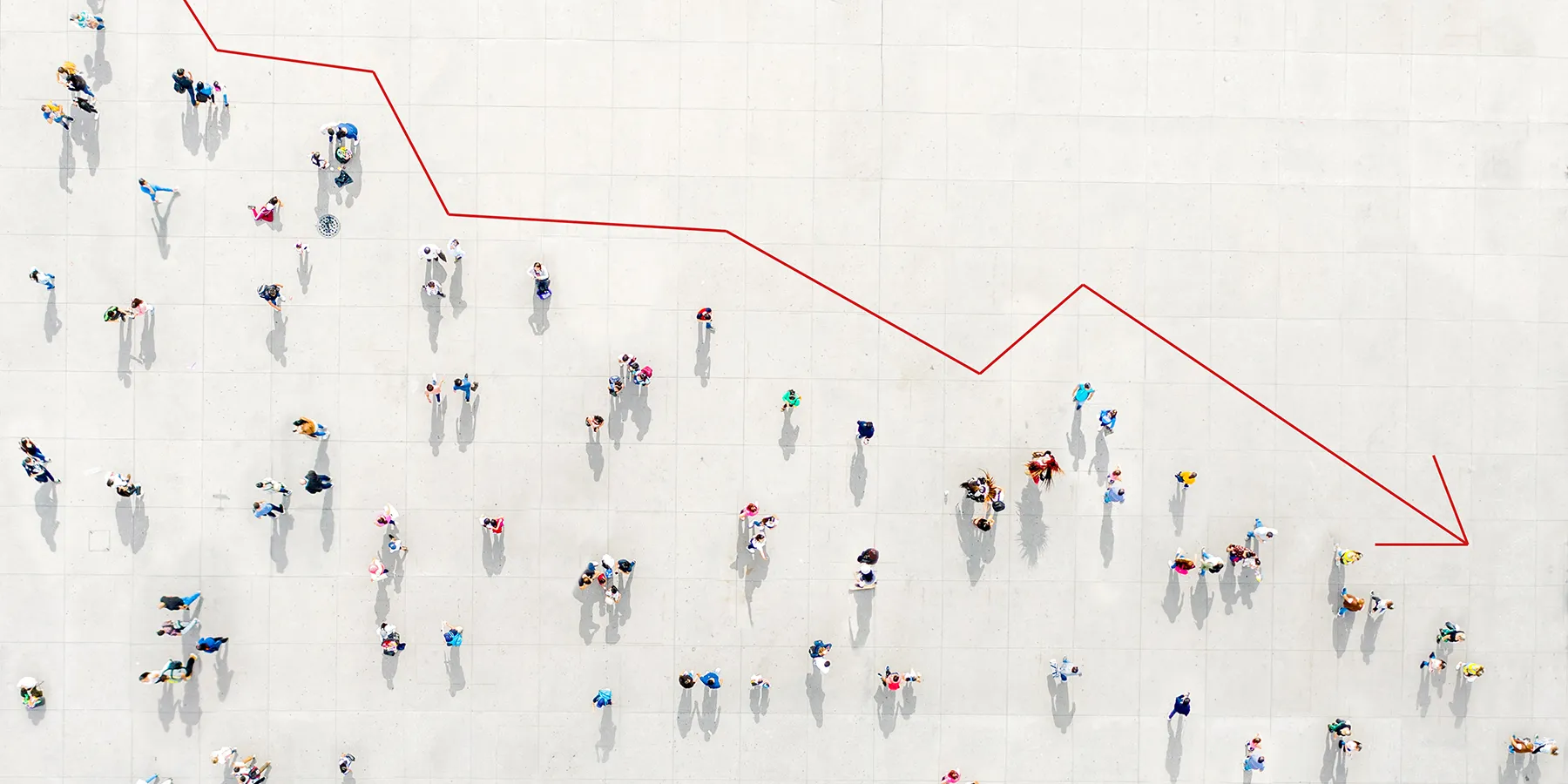 Photo looking down at a crowd from above outlined by a red arrow falling downwards like on a chart to represent the cutting of science and research funding in the US.
