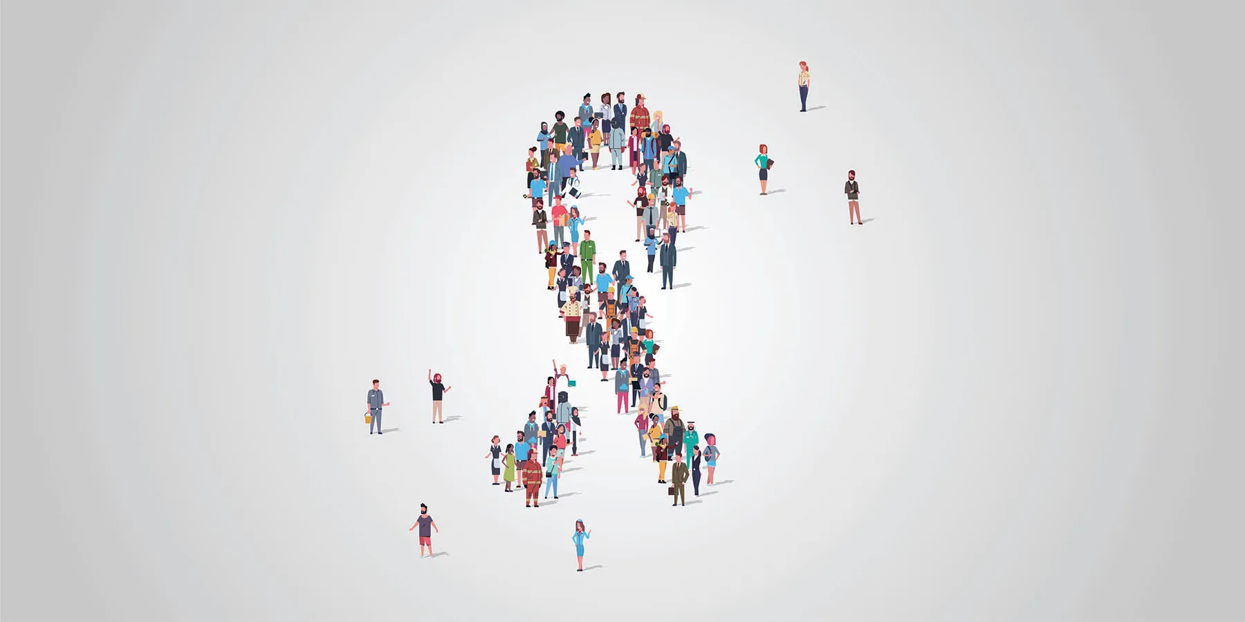 Illustration of people standing together in the shape of a cancer ribbon with some people standing outside of the formation to represent people who are not getting screened for lung cancer.