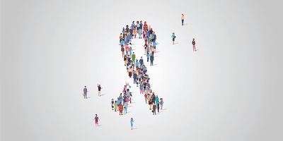 Illustration of people standing together in the shape of a cancer ribbon with some people standing outside of the formation to represent people who are not getting screened for lung cancer.