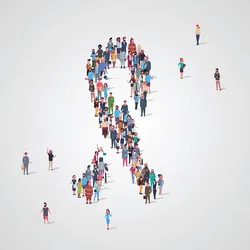 Illustration of people standing together in the shape of a cancer ribbon with some people standing outside of the formation to represent people who are not getting screened for lung cancer.