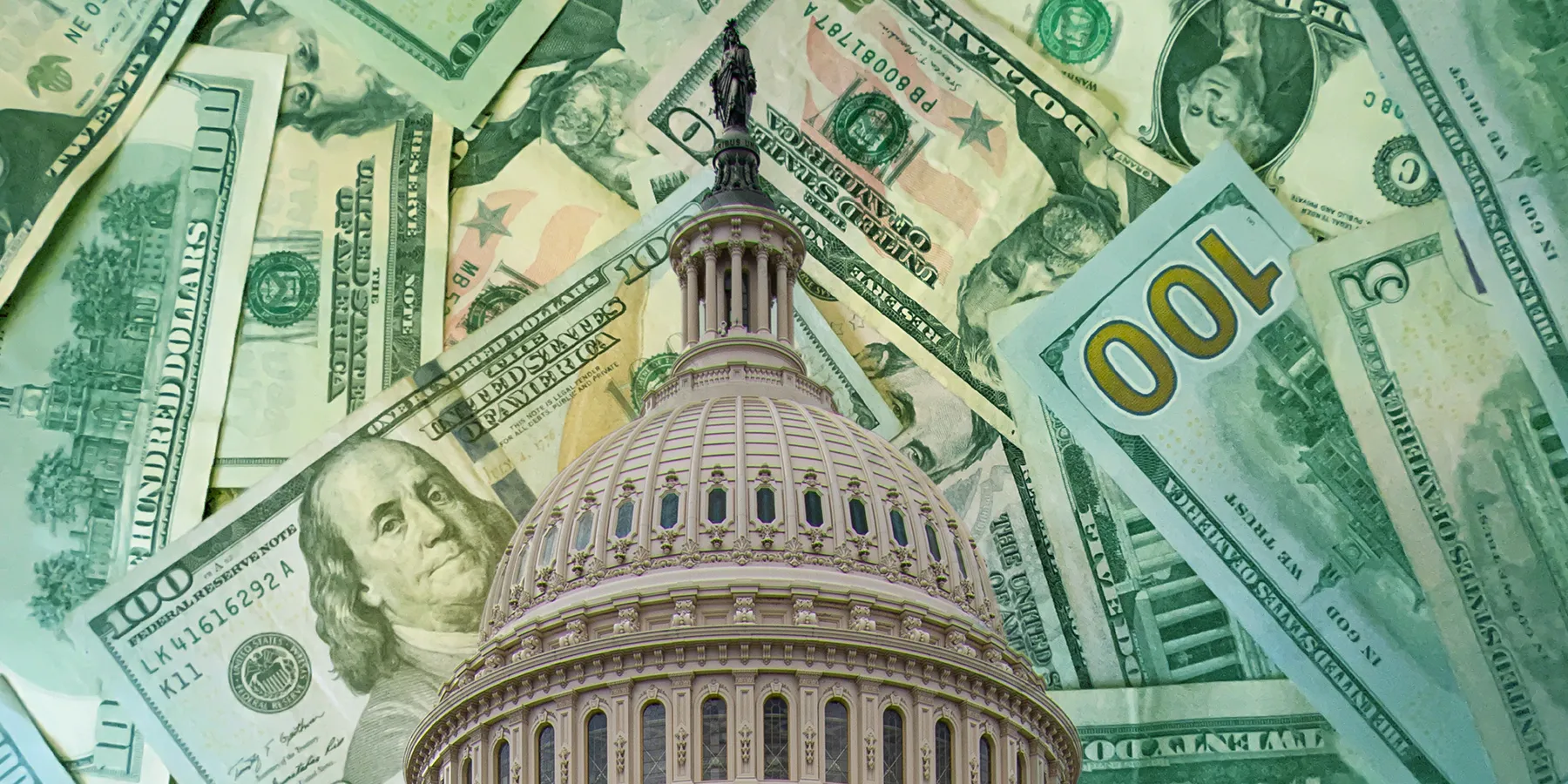 Photo of the US Congress building with US dollar bills in the background to represent recent tariff war in the US and global trade.