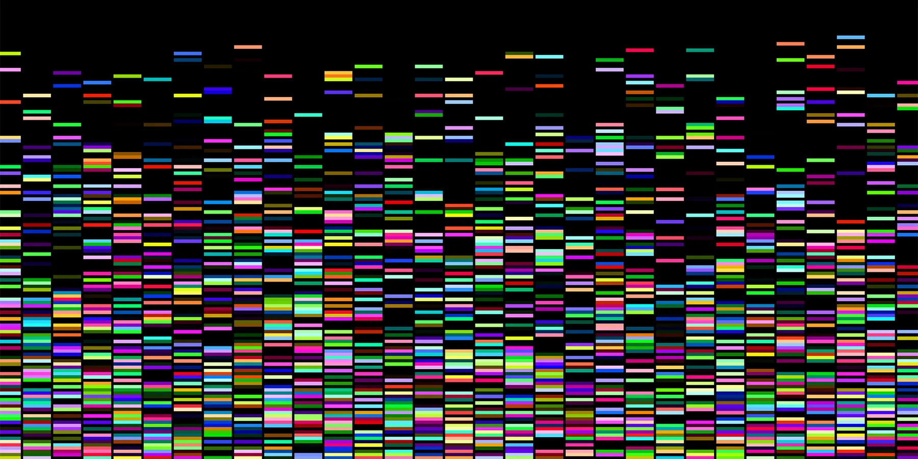 An illustration of many small, colorful rectangles on a black background to represent data generated from a genetics DNA sequence mapping.