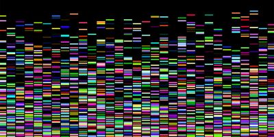 An illustration of many small, colorful rectangles on a black background to represent data generated from a genetics DNA sequence mapping.