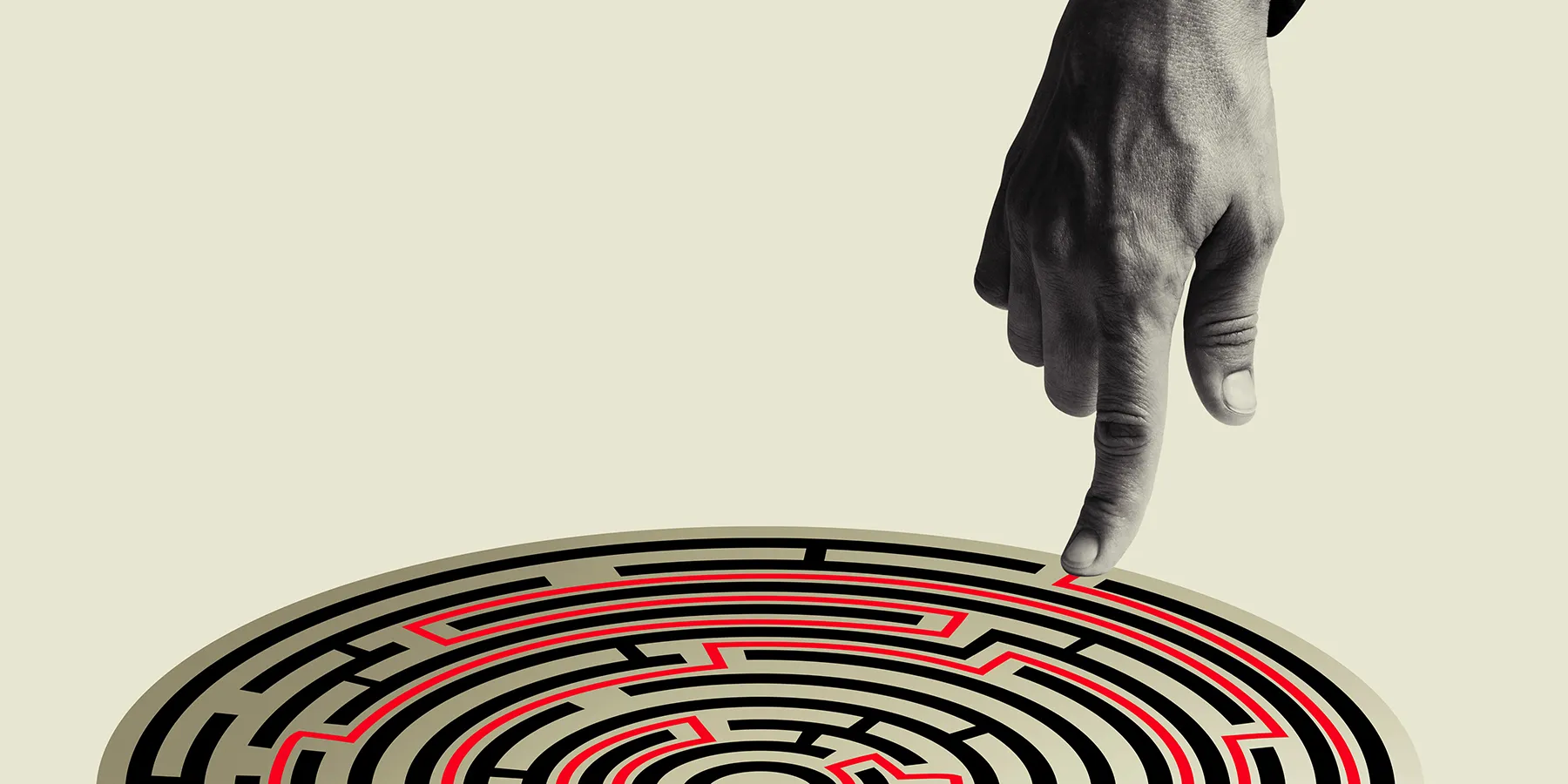 Illustration of a lab professional tracing a path in a data maze with their finger.