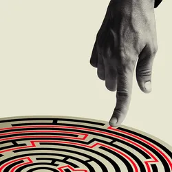 Illustration of a lab professional tracing a path in a data maze with their finger.
