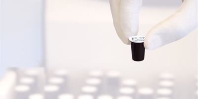 Gloved hand holding dry reagent cup