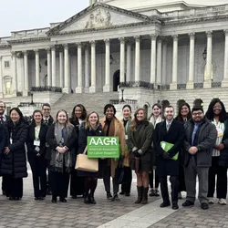 Early-career scientists participating in AACR Hill Day assemble on Capitol Hill to call for increased NIH and NCI funding.