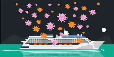 Colorful virus graphic around a cruise ship representing hantavirus infections.