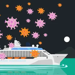 Colorful virus graphic around a cruise ship representing hantavirus infections.