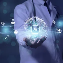 A clinician holds a AI chip surrounded by digital healthcare icons, representing the use of artificial intelligence in clinical diagnostics