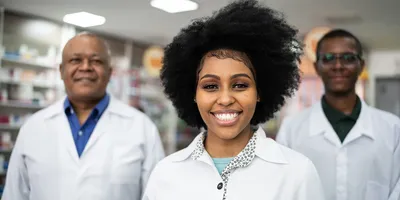 Pathologists wearing white lab coats and smiling, highlighting low burnout rates in 2025.