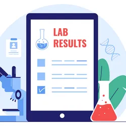 Digital results of a commercial diagnostic lab test with a microscope and beaker.