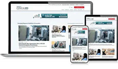Today's Clinical Lab homepage displayed on laptop, tablet, and phone
